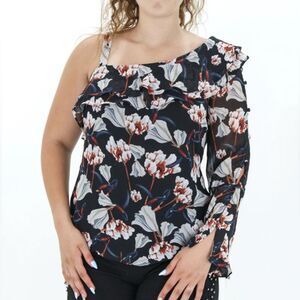 INC Floral One Sleeve Top Chiffon NWT Size L